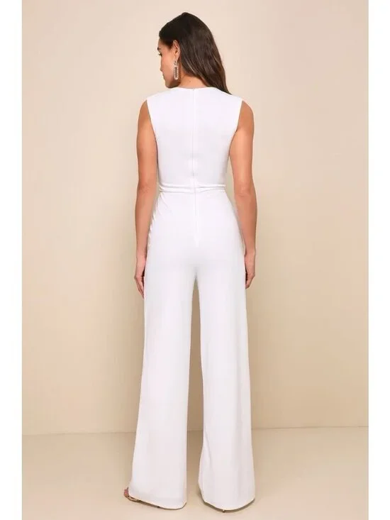 Lulus Enticing Endeavors Jumpsuit Sz Medium White Square Neck Wide Leg Bridal - Picture 6 of 8